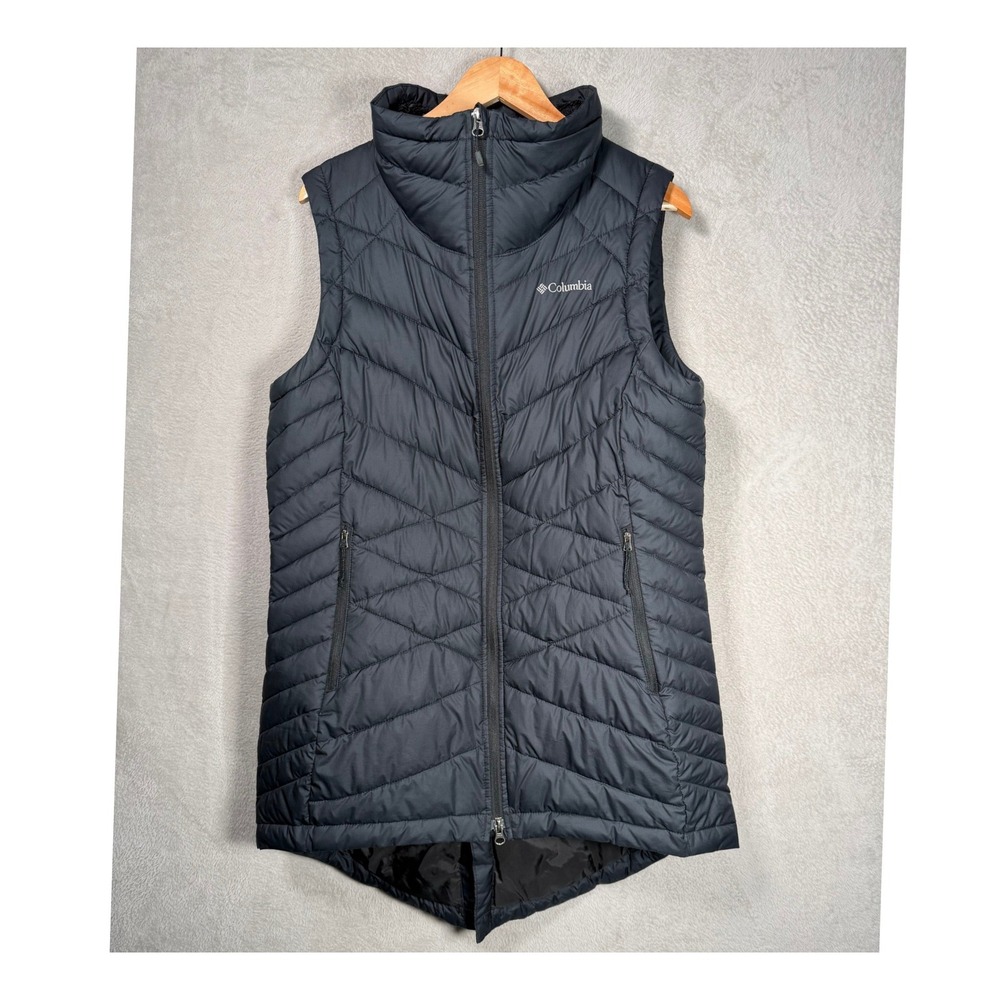 Columbia Omni-Heat Long Puffer Vest Black Chevron Quilted Fleece Collar XL